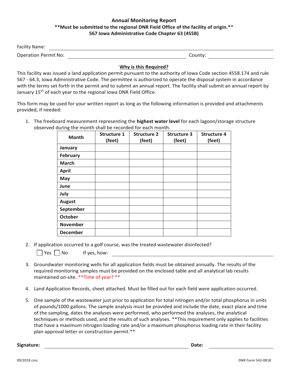 DNR Form 542-0818 Annual Monitoring Report for Land Application of Wastewater - Iowa, Page 1