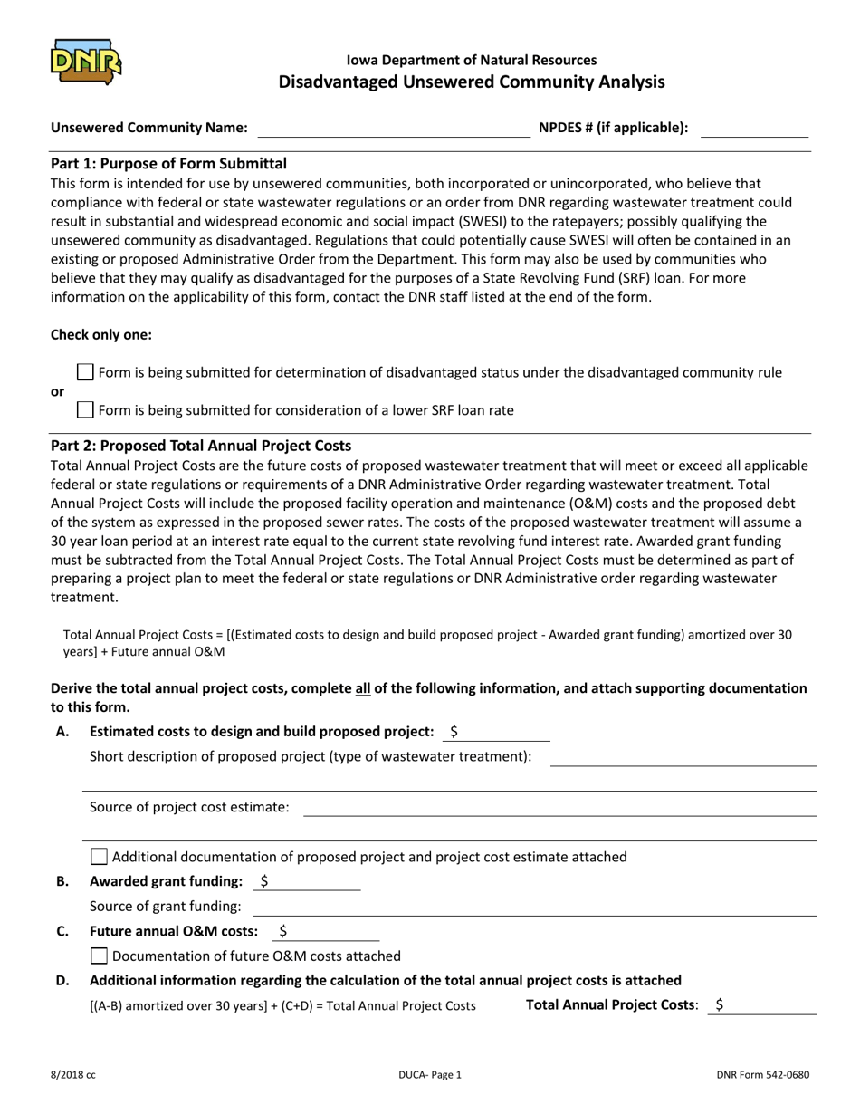 DNR Form 542-0680 Disadvantaged Unsewered Community Analysis - Iowa, Page 1