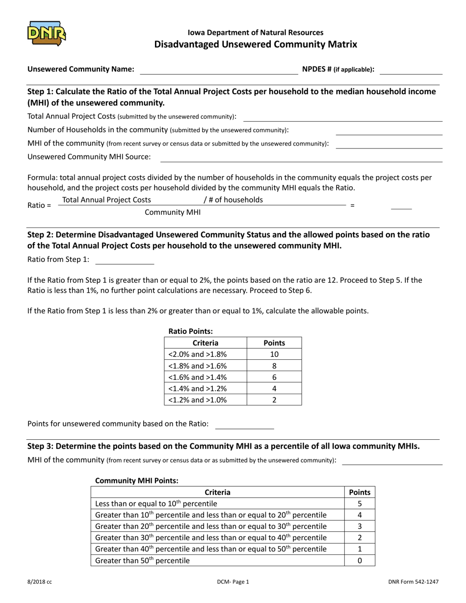 DNR Form 542-1247 Disadvantaged Unsewered Community Matrix - Iowa, Page 1