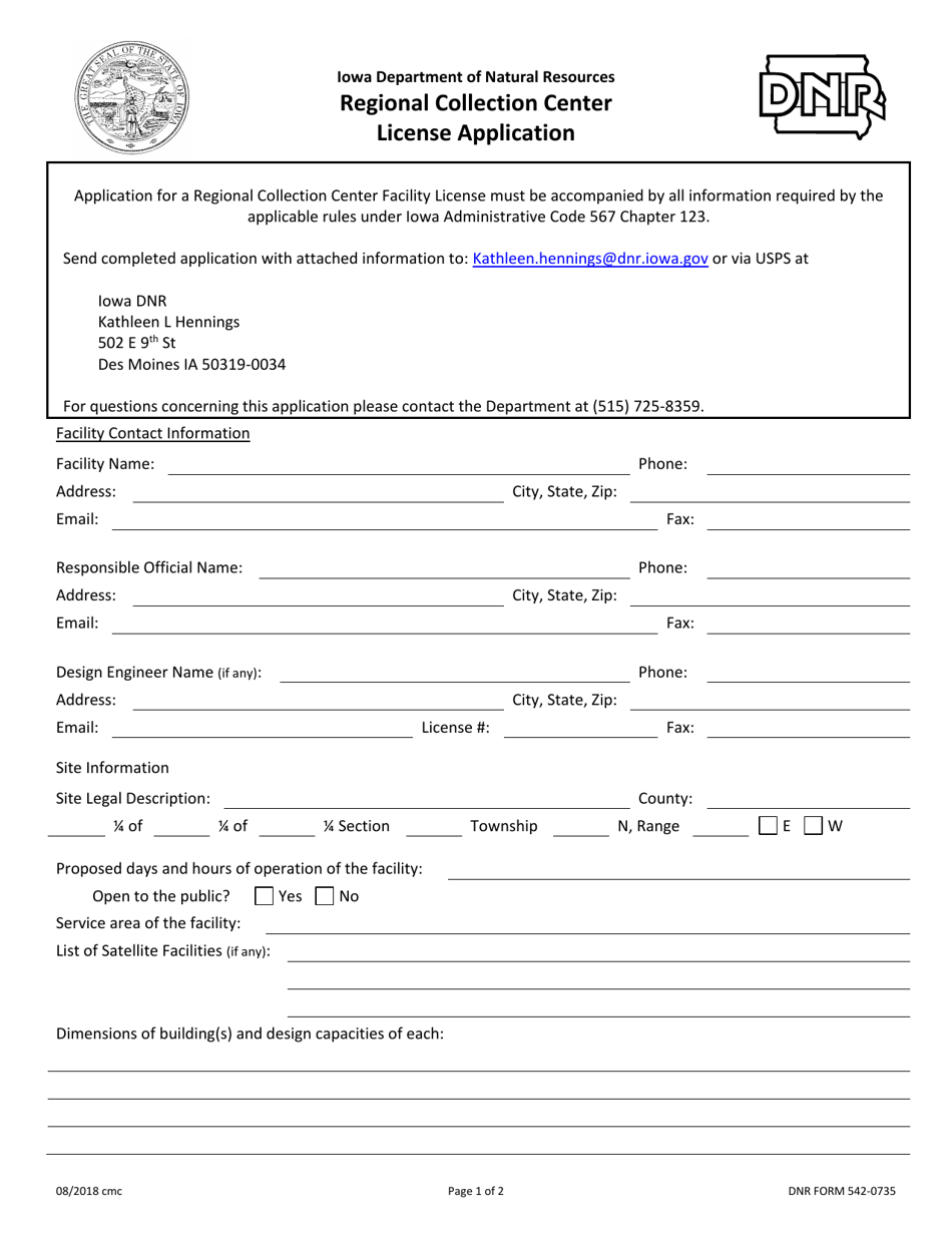 DNR Form 542-0735 Regional Collection Center License Application - Iowa, Page 1