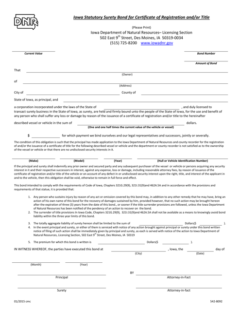DNR Form 542-8092 Iowa Statutory Surety Bond for Certificate of Registration and/or Title - Iowa