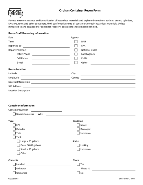 DNR Form 542-0998 Orphan Container Recon Form - Iowa