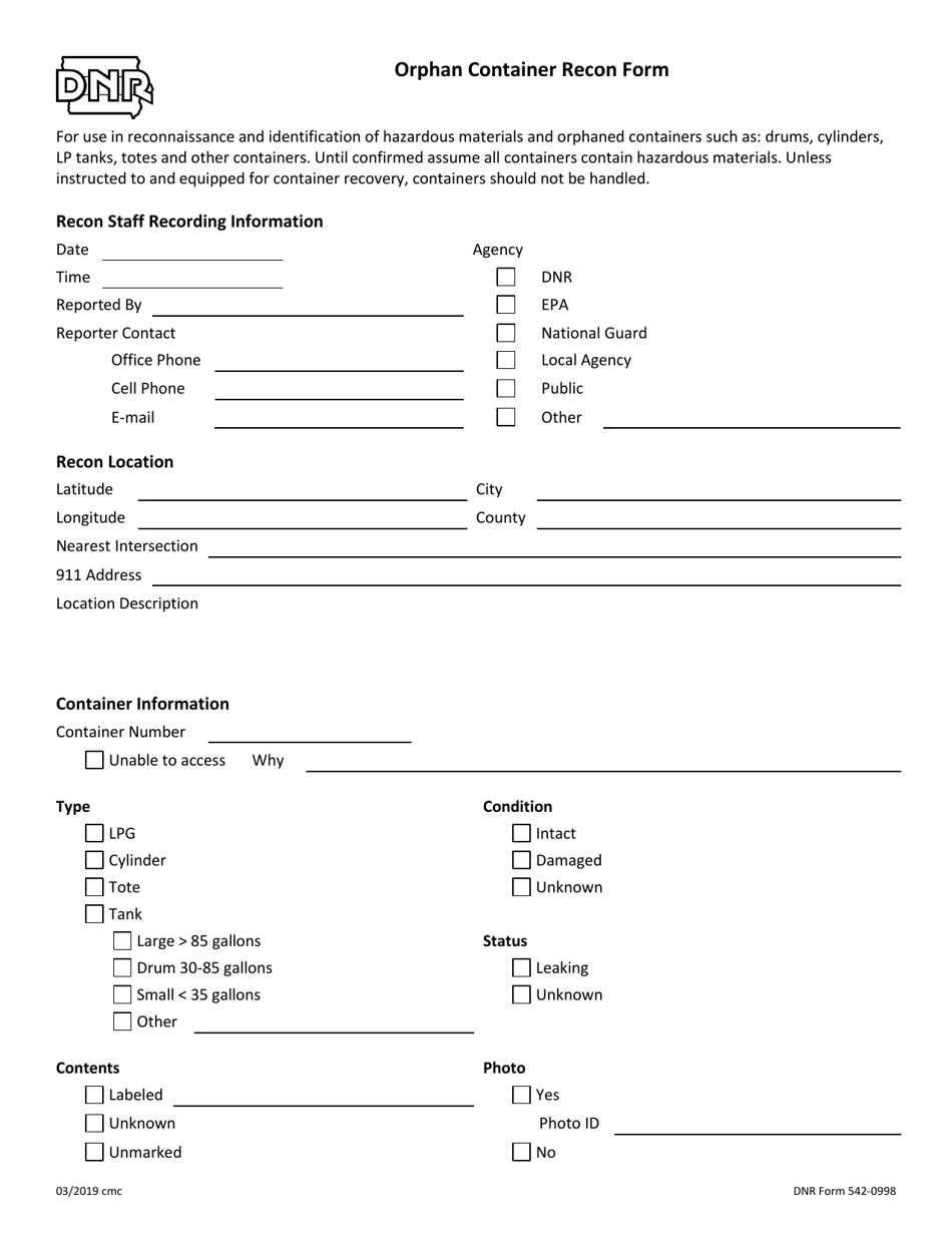 DNR Form 542-0998 Orphan Container Recon Form - Iowa, Page 1