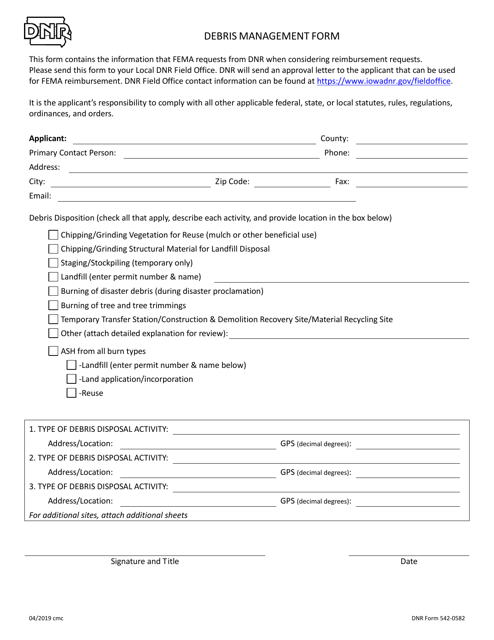 DNR Form 542-0582 Debris Management Form - Iowa
