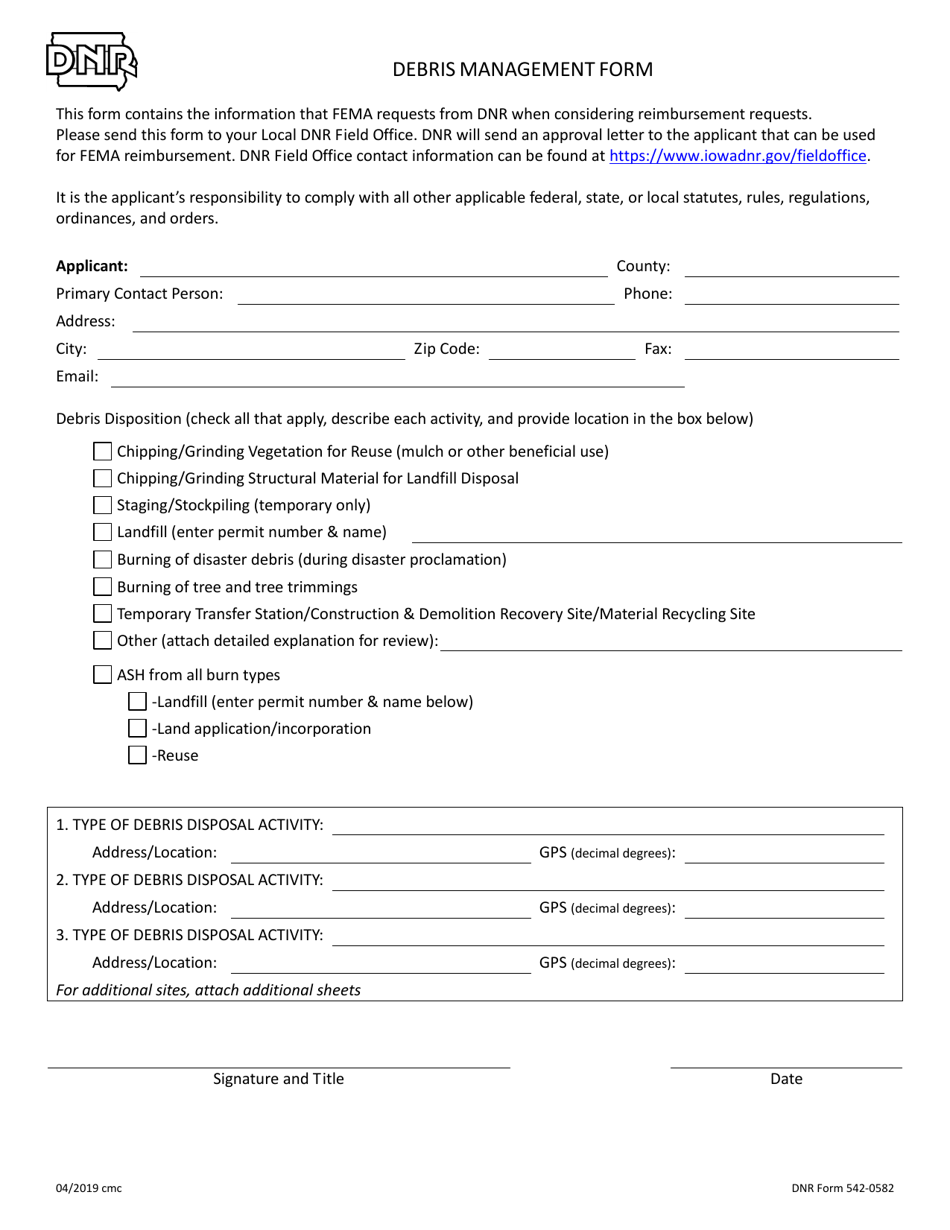 DNR Form 542-0582 Debris Management Form - Iowa, Page 1