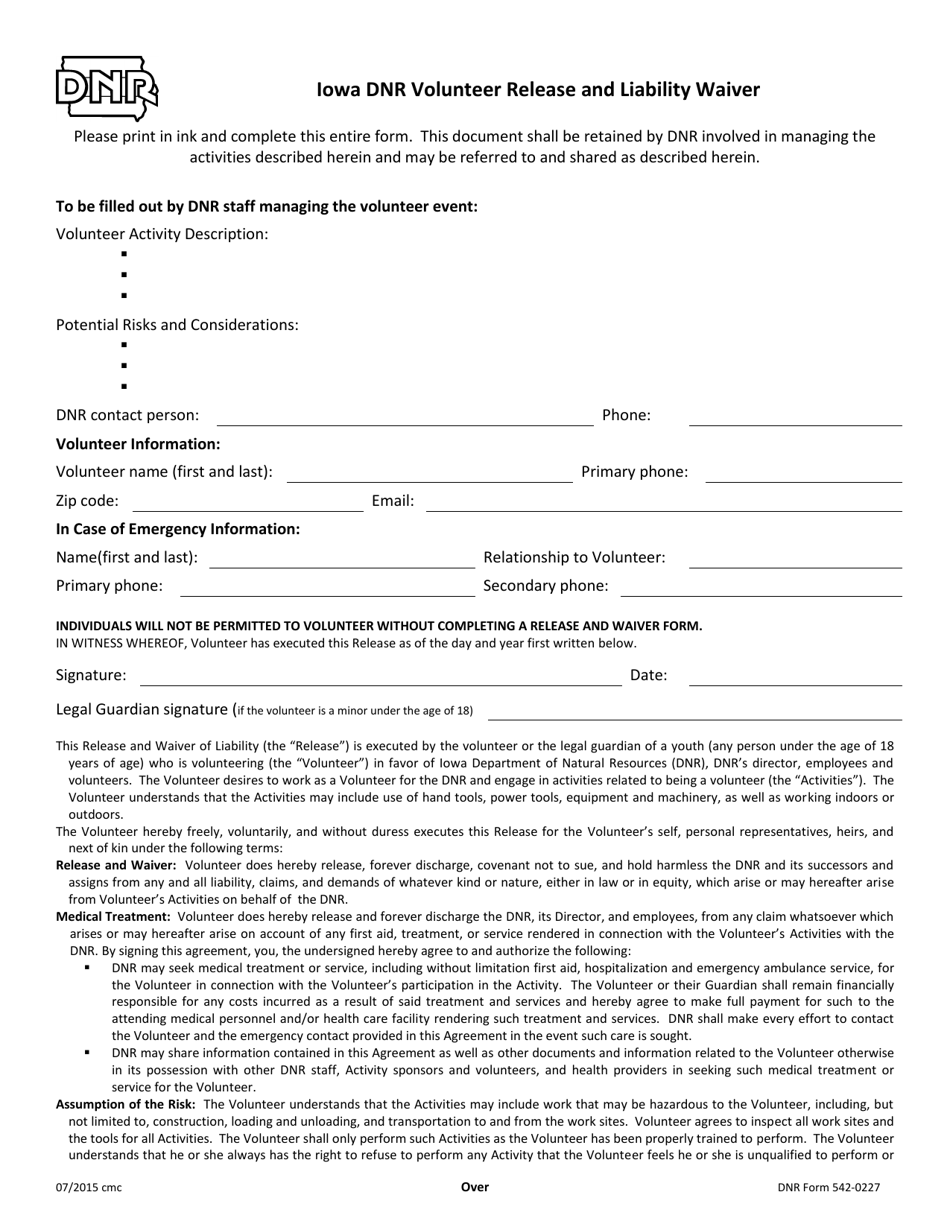 DNR Form 542-0227 Iowa DNR Volunteer Release and Liability Waiver - Iowa, Page 1