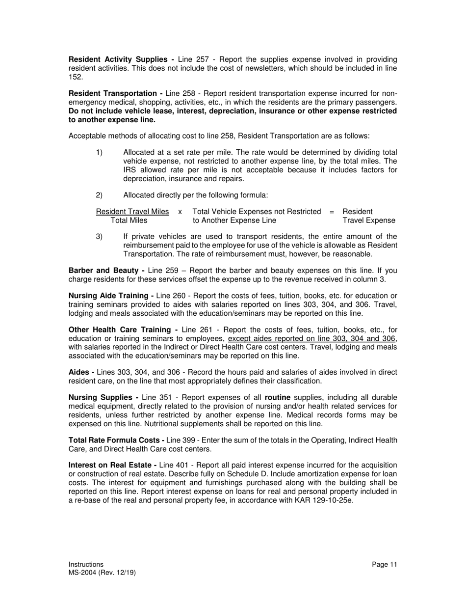 Instructions for Form MS-2004 Nursing Facility Financial and Statistical Report - Kansas, Page 11