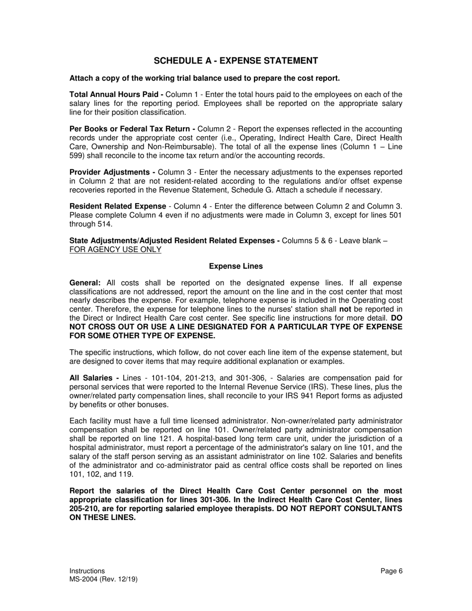 Instructions for Form MS-2004 Nursing Facility Financial and Statistical Report - Kansas, Page 6