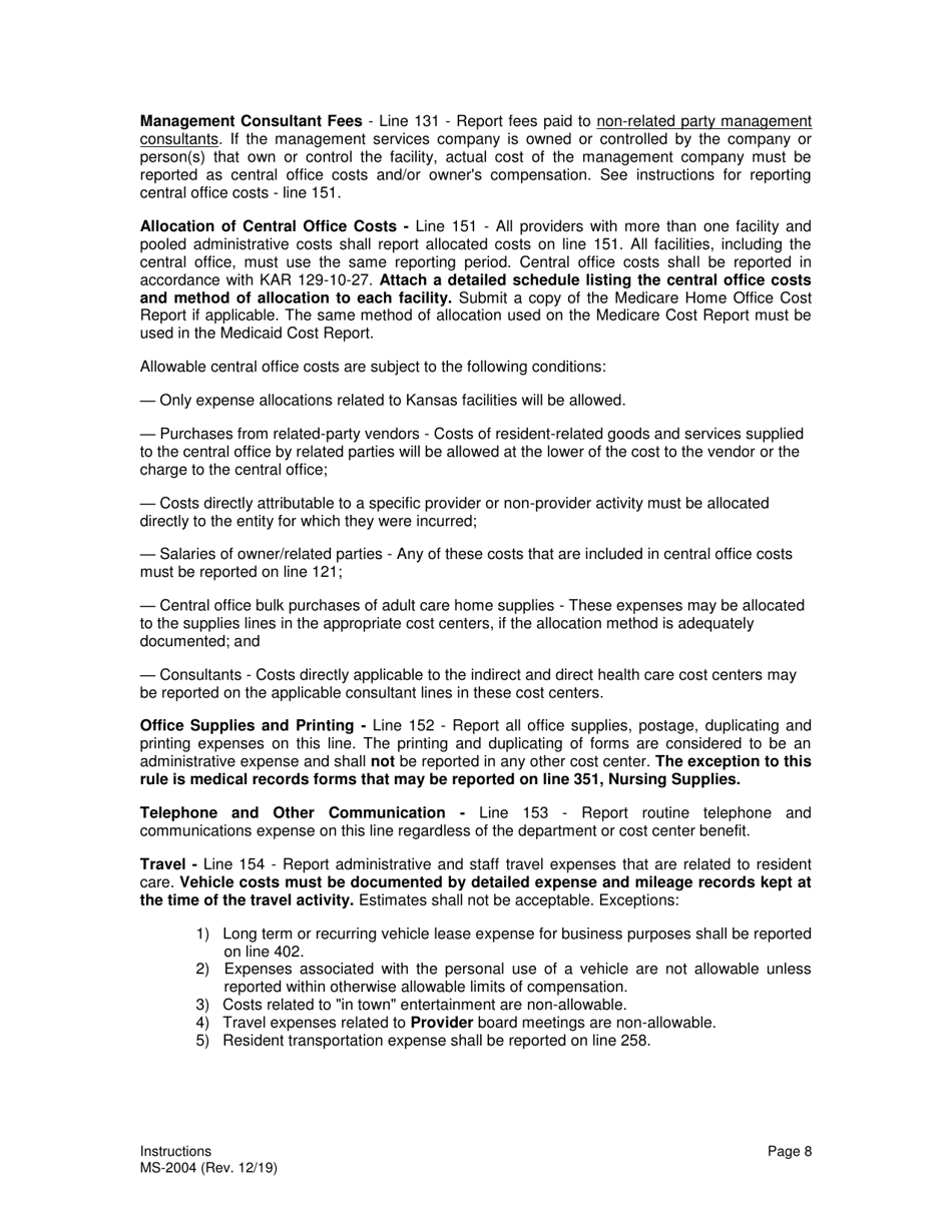 Instructions for Form MS-2004 Nursing Facility Financial and Statistical Report - Kansas, Page 8