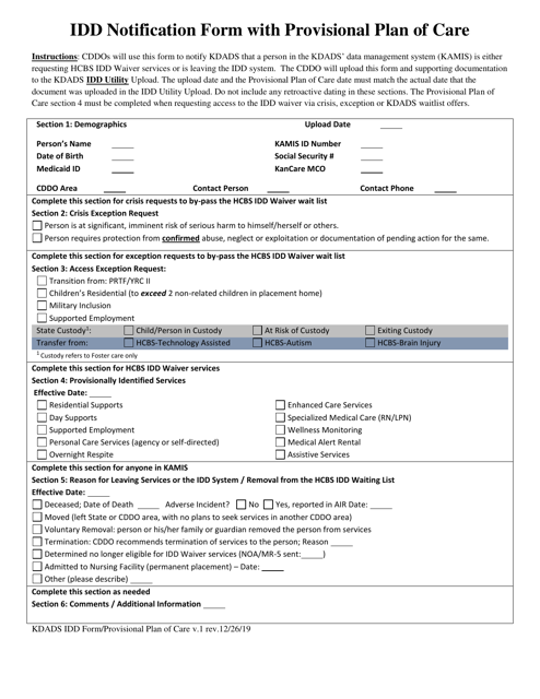 Idd Notification Form With Provisional Plan of Care - Kansas Download Pdf