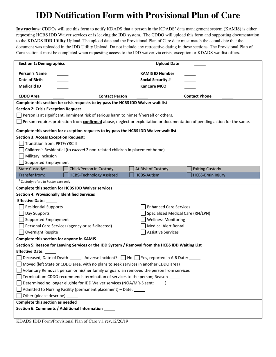 Idd Notification Form With Provisional Plan of Care - Kansas, Page 1