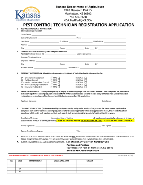 Form KPL-700 Pest Control Technician Registration Application - Kansas