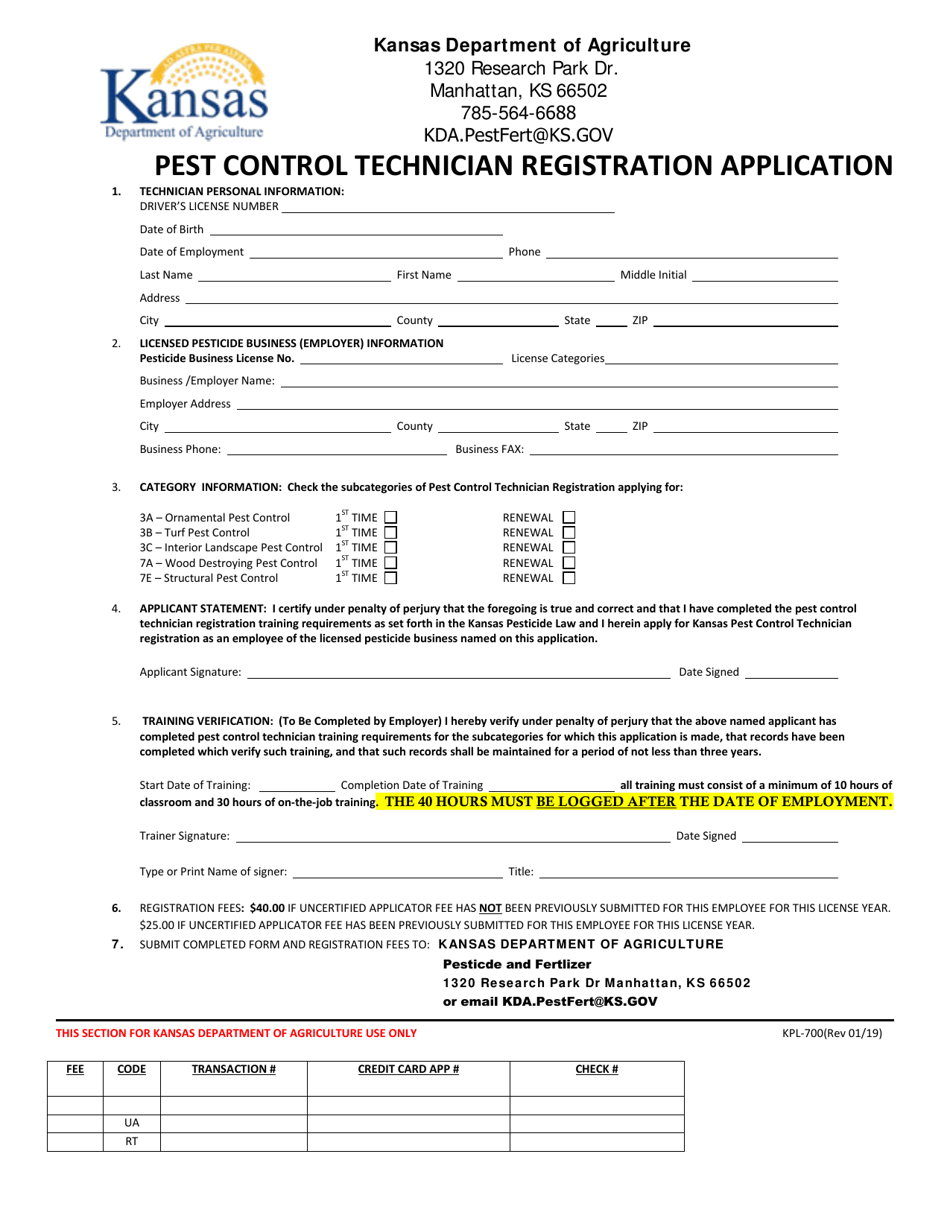 Form KPL-700 Pest Control Technician Registration Application - Kansas, Page 1