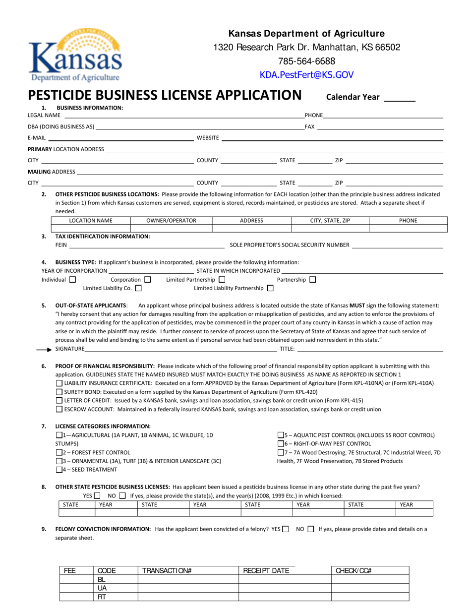 Pesticide Business License Application - Kansas, Page 1