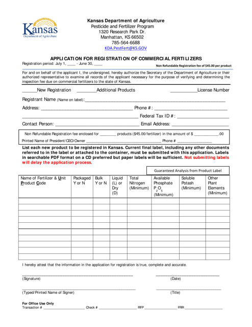 Application for Registration of Commercial Fertilizers - Kansas