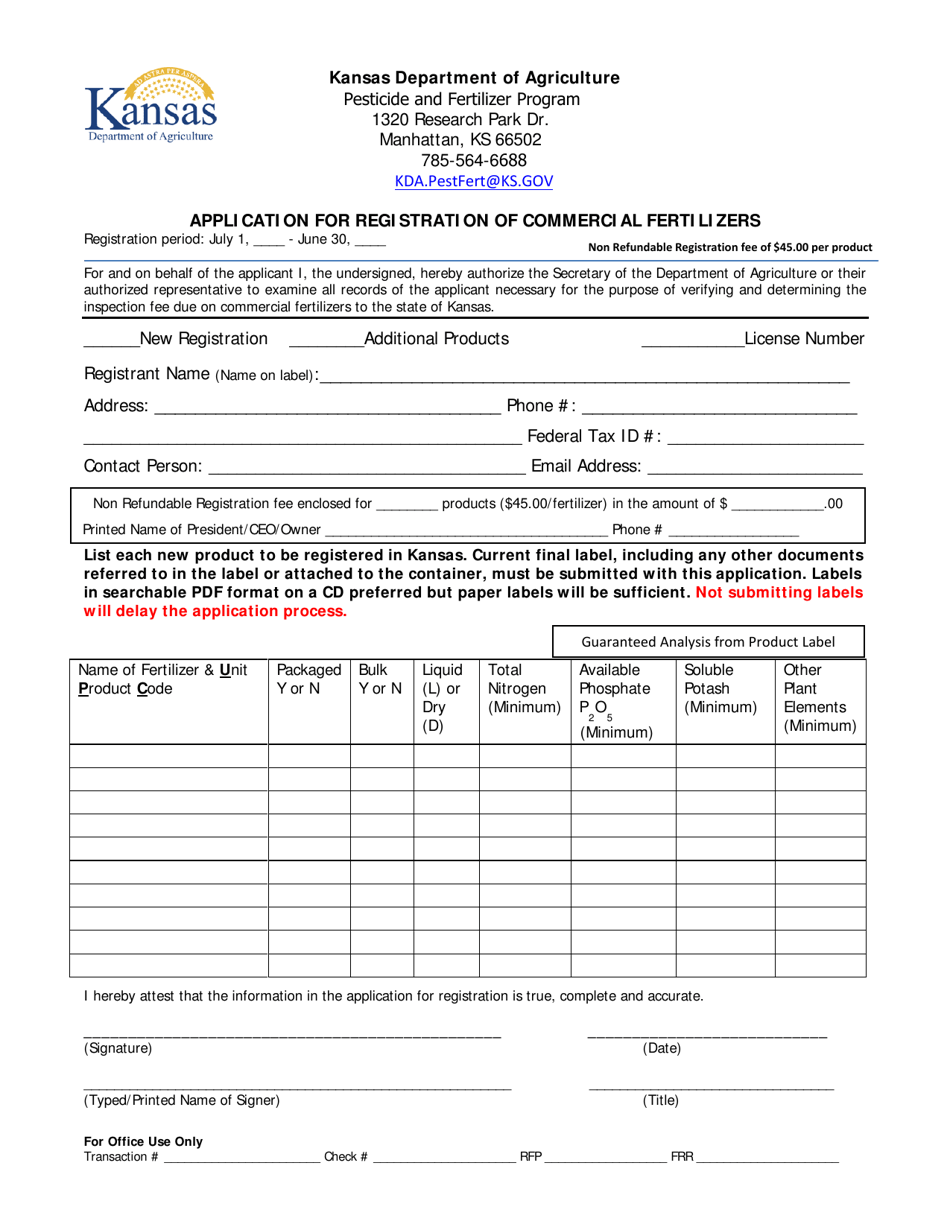 Application for Registration of Commercial Fertilizers - Kansas, Page 1