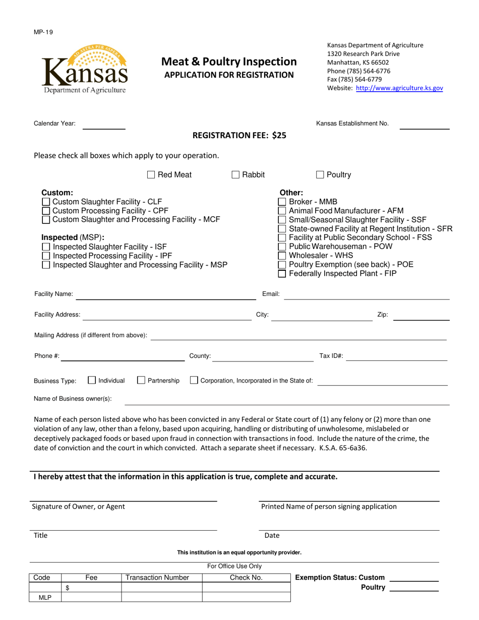 Form MP-19 Meat  Poultry Inspection Application for Registration - Kansas, Page 1