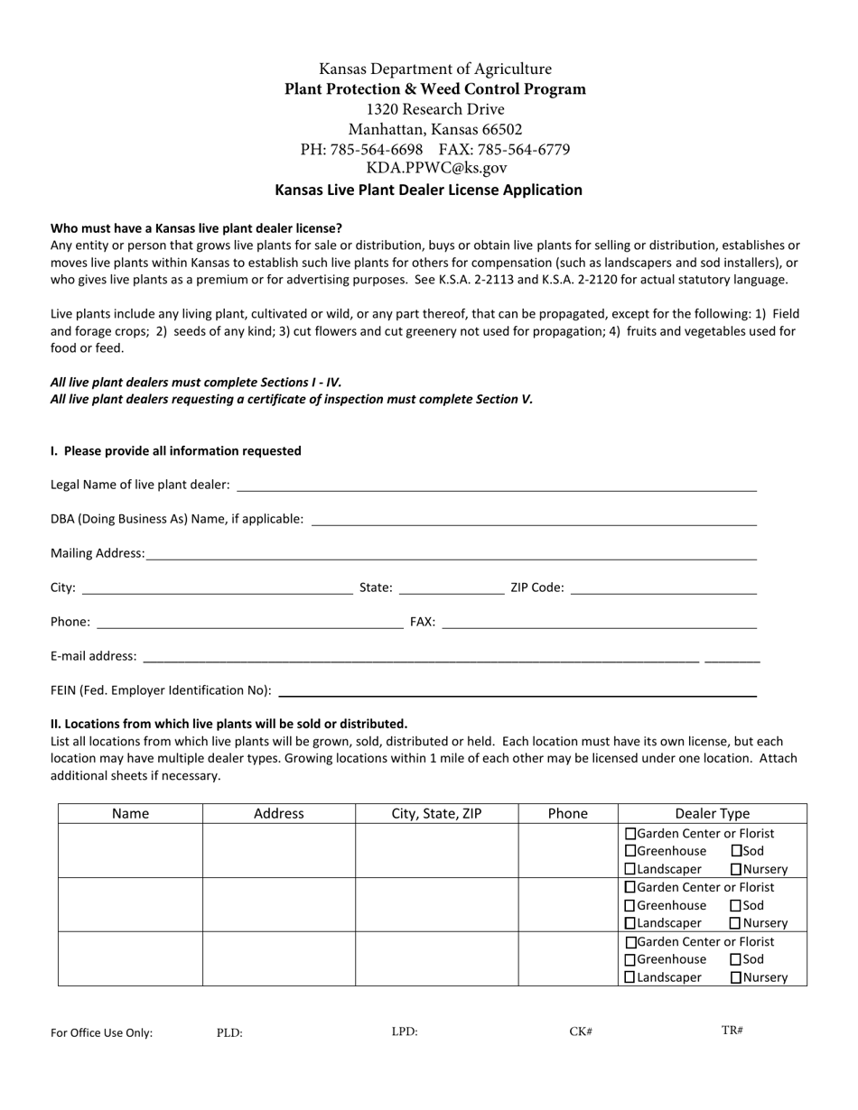 Kansas Live Plant Dealer License Application - Kansas, Page 1