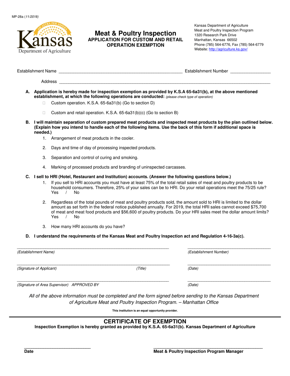 Form MP-28A Meat  Poultry Inspection Application for Custom and Retail Operation Exemption - Kansas, Page 1