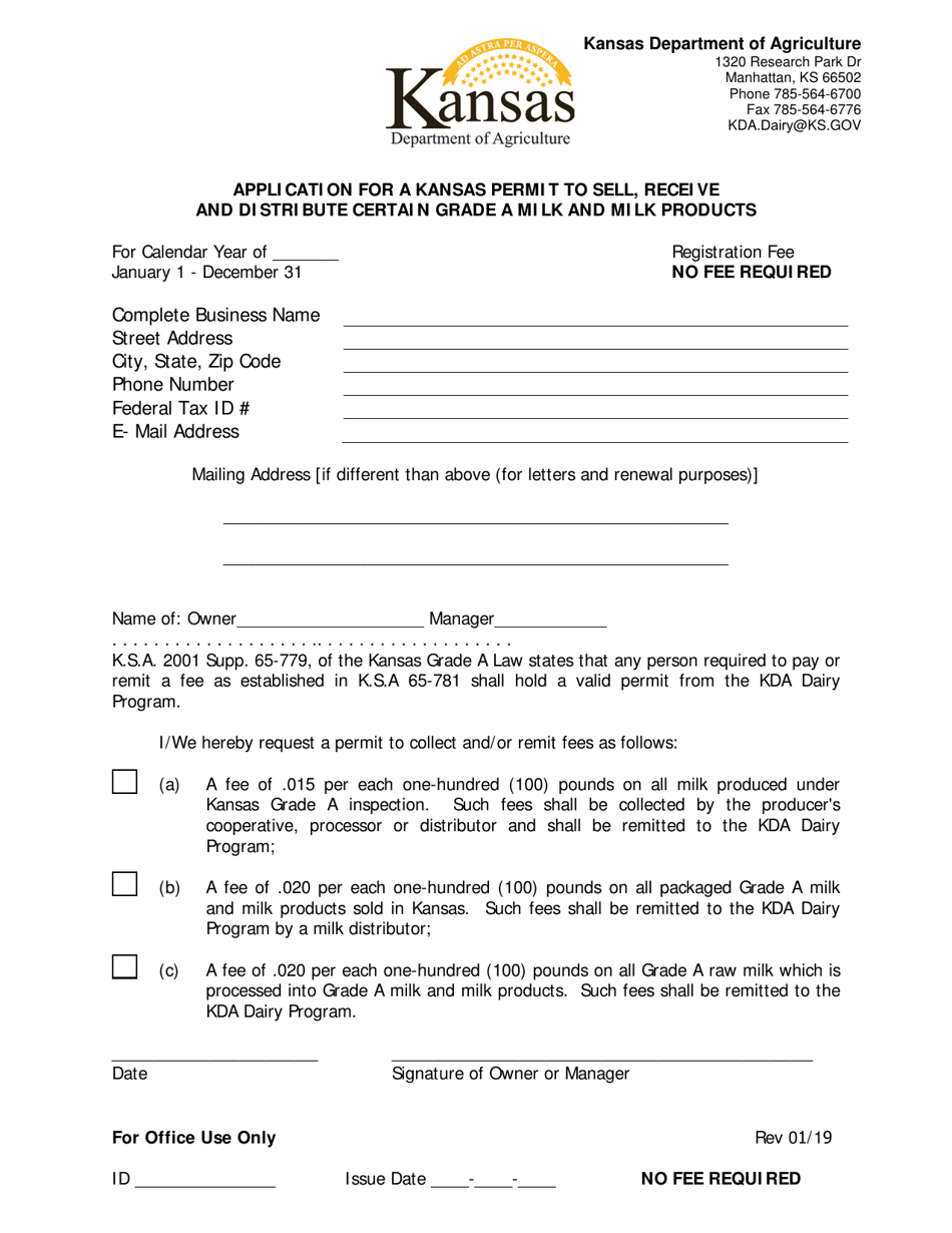 Application for a Kansas Permit to Sell, Receive and Distribute Certain Grade a Milk and Milk Products - Kansas, Page 1