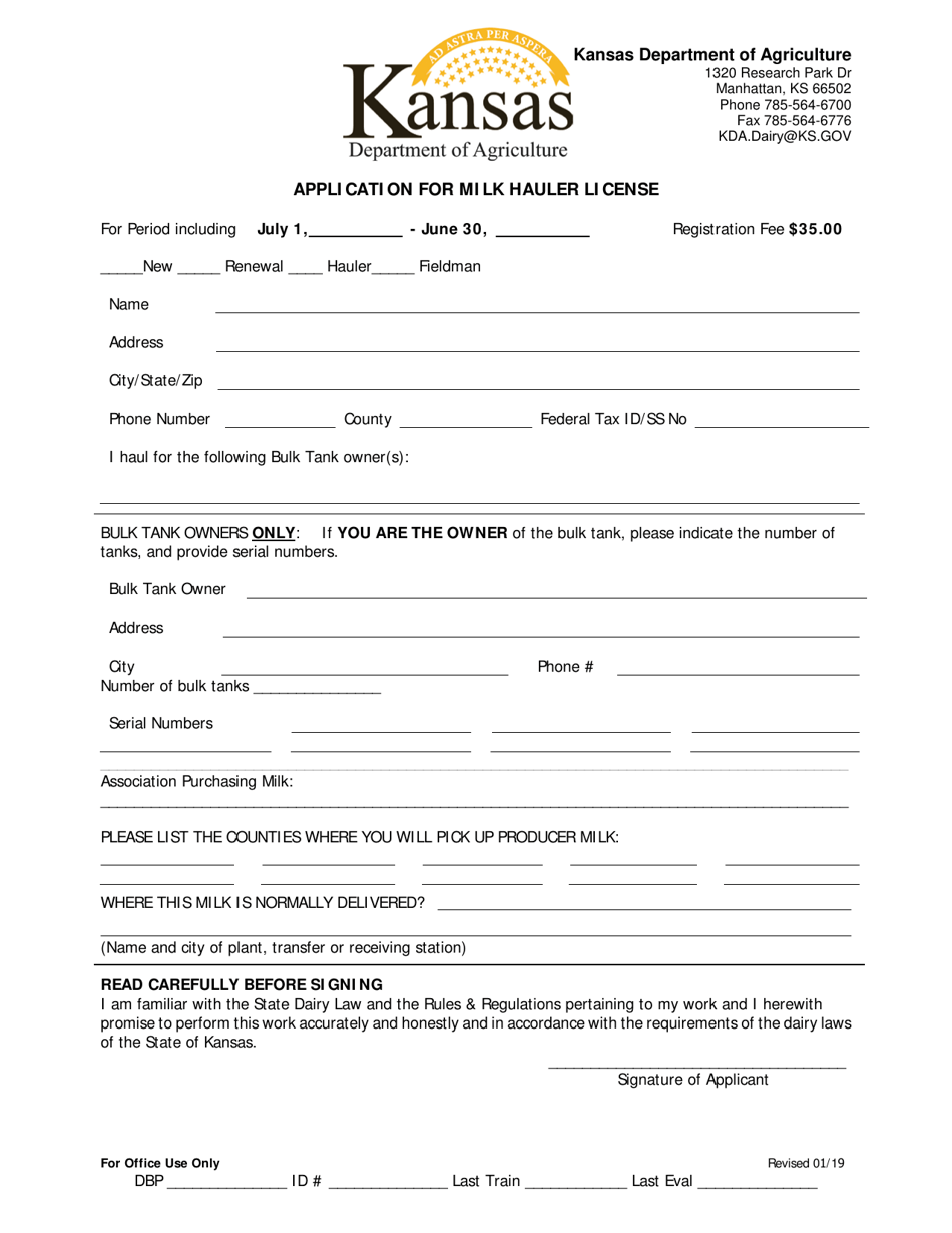 Application for Milk Hauler License - Kansas, Page 1