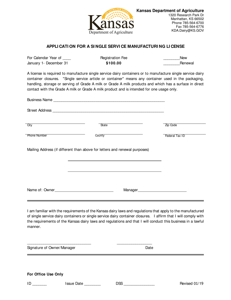 Application for a Single Service Manufacturing License - Kansas, Page 1
