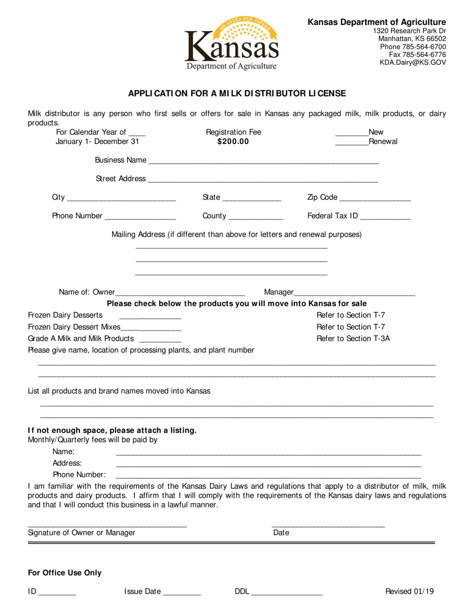Application for a Milk Distributor License - Kansas, Page 1