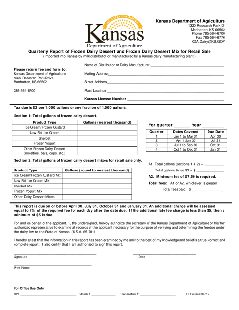 Form T7 Quarterly Report of Frozen Dairy Dessert and Frozen Dairy Dessert Mix for Retail Sale - Kansas