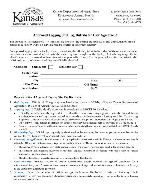Approved Tagging Site/ Tag Distributor User Agreement - Kansas