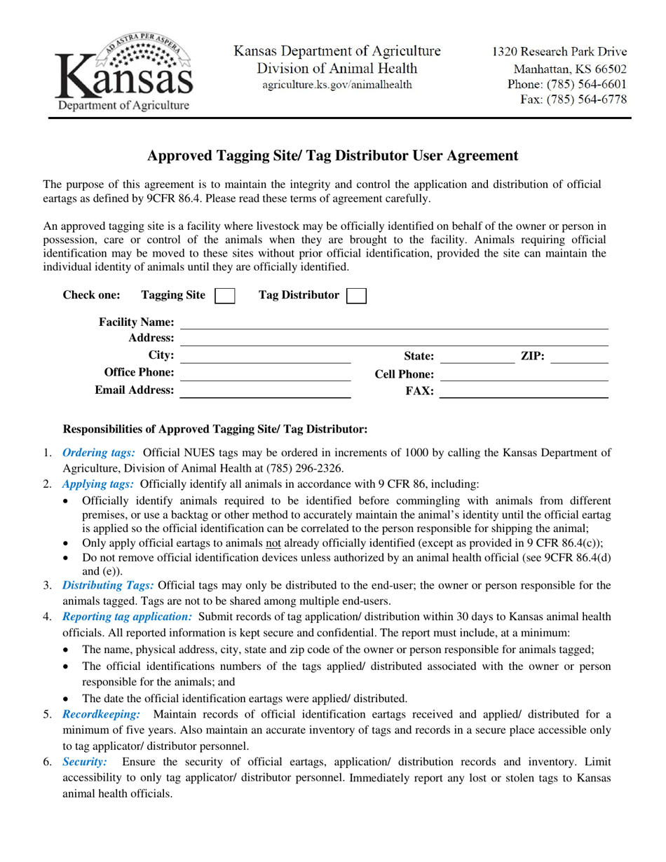 Approved Tagging Site / Tag Distributor User Agreement - Kansas, Page 1