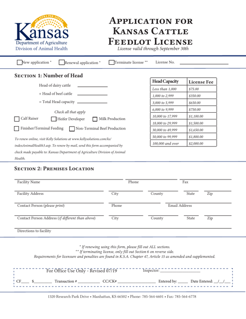 Application for Kansas Cattle Feedlot License - Kansas Download Pdf