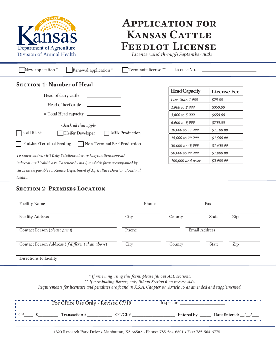 Application for Kansas Cattle Feedlot License - Kansas, Page 1