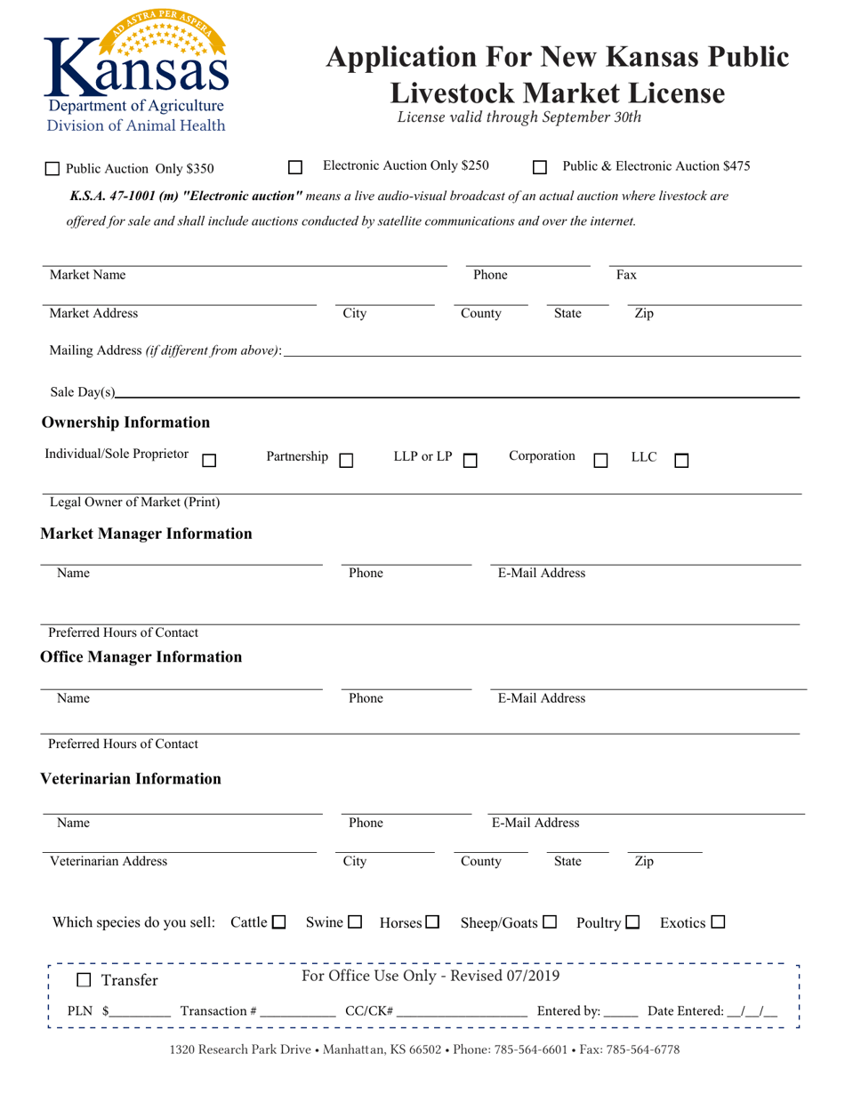 Kansas Application for New Kansas Public Livestock Market License