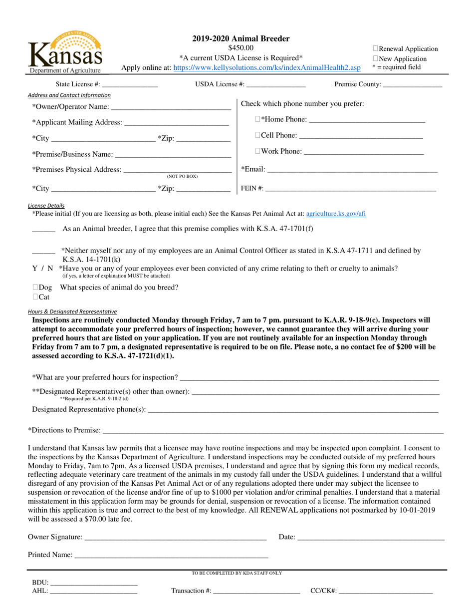 Animal Breeder License Application Form - Kansas, Page 1