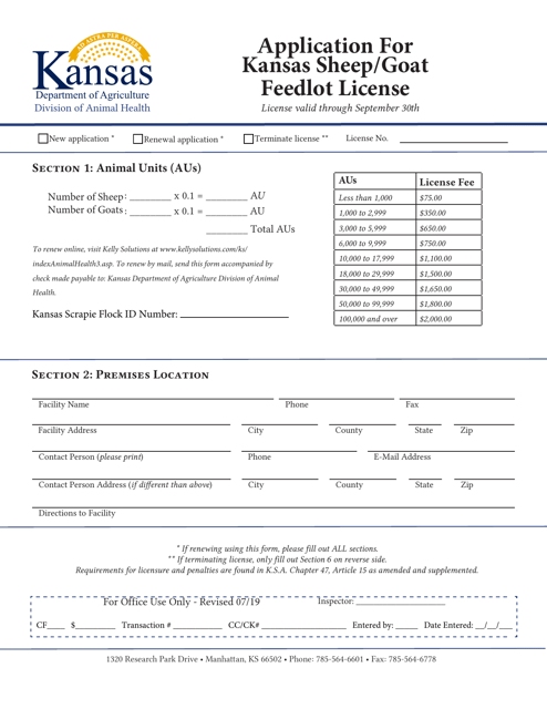Application for Kansas Sheep / Goat Feedlot License - Kansas Download Pdf