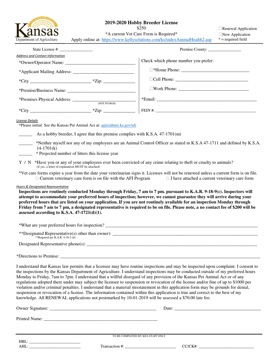 Hobby Breeder License Application - Kansas, Page 1