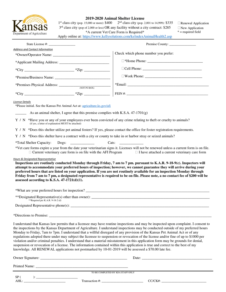 Animal Shelter License Application - Kansas, Page 1