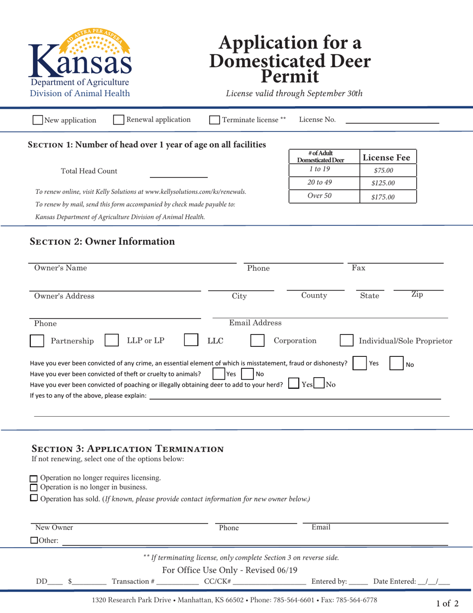 Application for a Domesticated Deer Permit - Kansas, Page 1