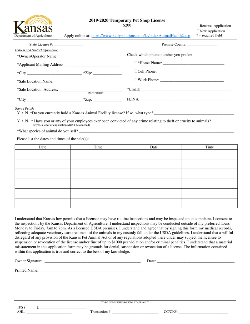 2020 Kansas Temporary Pet Shop License Application Download Printable