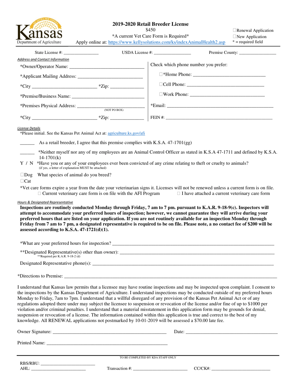 Retail Breeder License Application - Kansas, Page 1