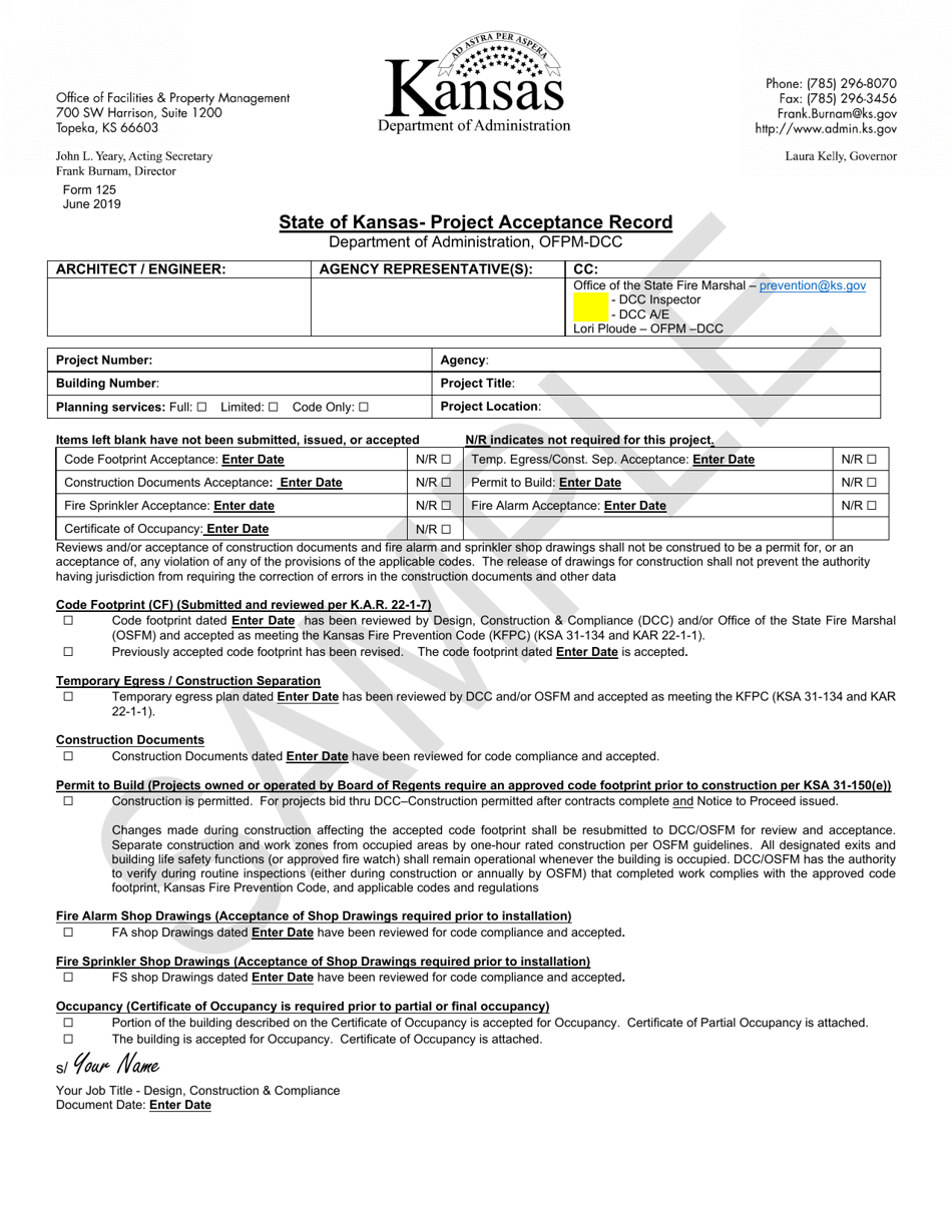 Form 125 Project Acceptance Record - Kansas, Page 1