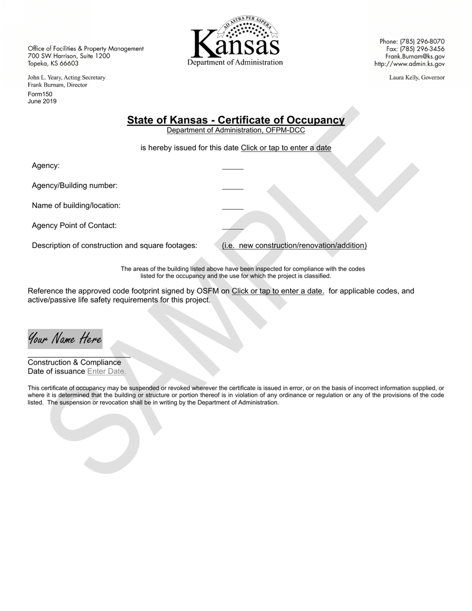 Form 150 Certificate of Occupancy - Kansas, Page 1