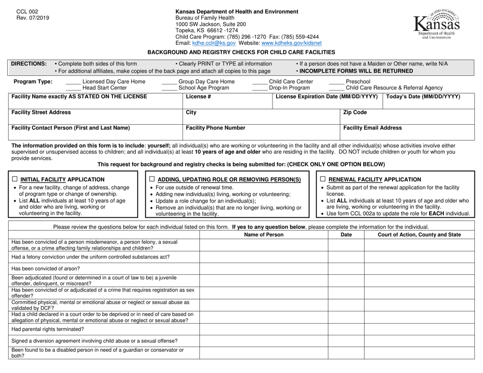 Form CCL002 Background and Registry Check S for Child Care Facilities - Kansas, Page 1