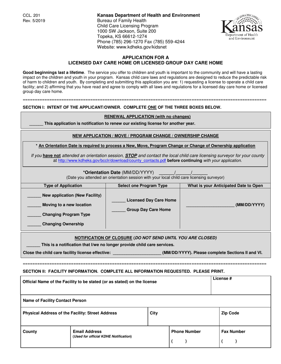 Form CCL.201 Application for a Licensed Day Care Home or Licensed Group Day Care Home - Kansas, Page 1