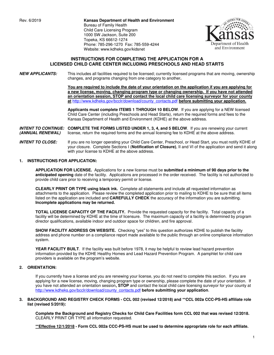 Instructions for Form CCL.201 Application for a Licensed Day Care Home or Licensed Group Day Care Home - Kansas, Page 1