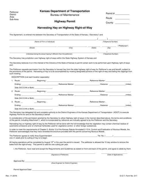 DOT Form 317 Highway Permit - Harvesting Hay on Highway Right-Of-Way - Kansas