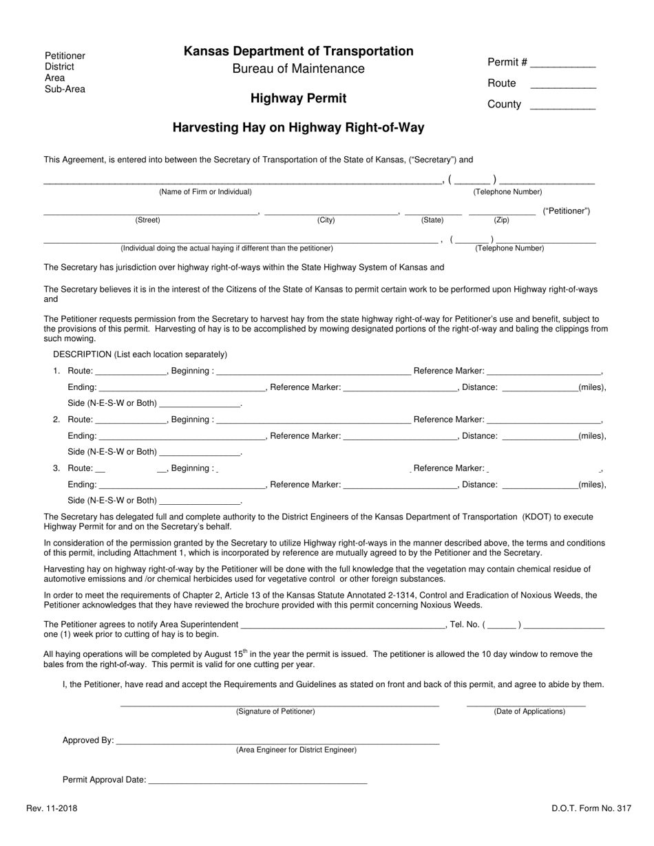 DOT Form 317 Highway Permit - Harvesting Hay on Highway Right-Of-Way - Kansas, Page 1