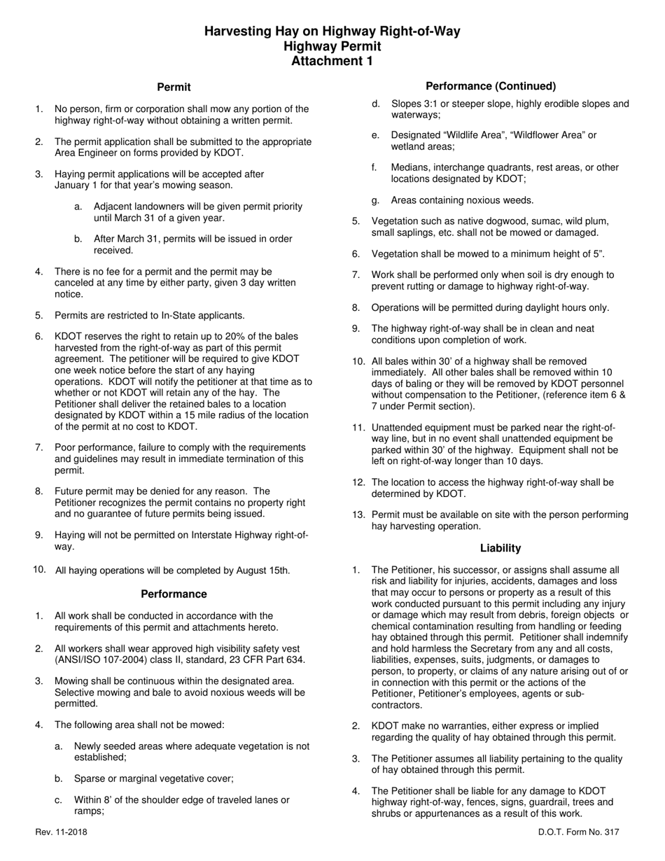 DOT Form 317 Highway Permit - Harvesting Hay on Highway Right-Of-Way - Kansas, Page 2