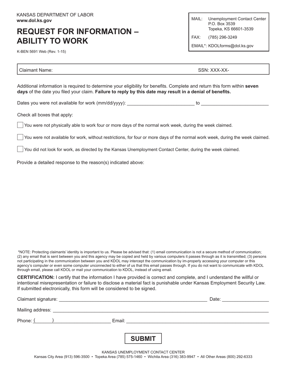 Form K-BEN5691 Request for Information  Ability to Work - Kansas, Page 1