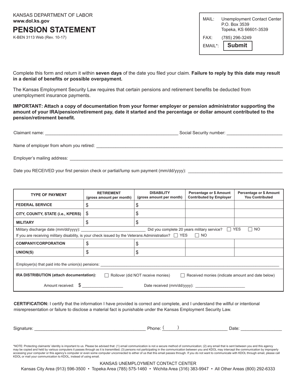 Form K-BEN3113 Pension Statement - Kansas, Page 1